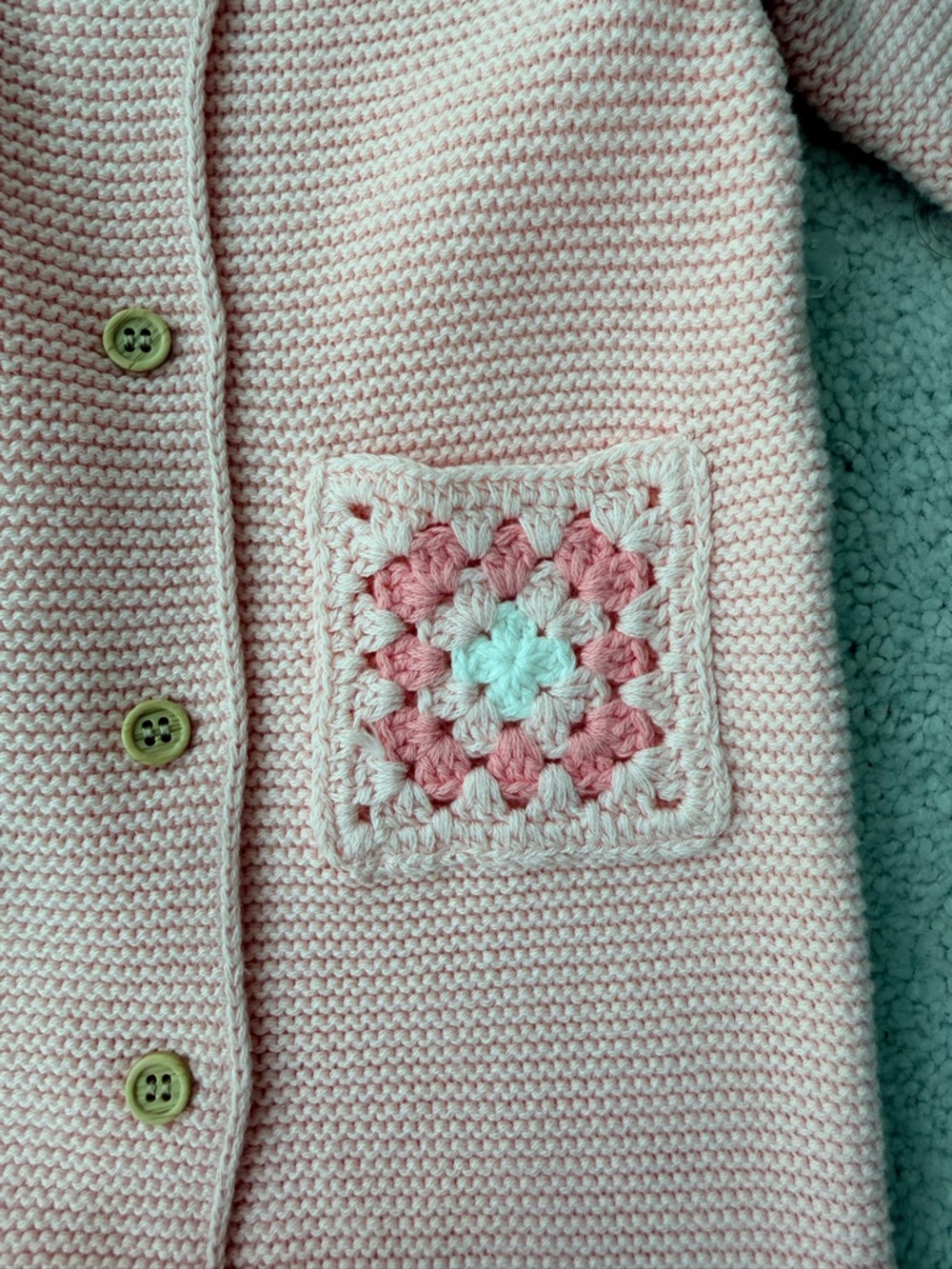 Little Me Pink Knit One-Piece with Crochet Pocket and ruffled neckline - Picture 6 of 9